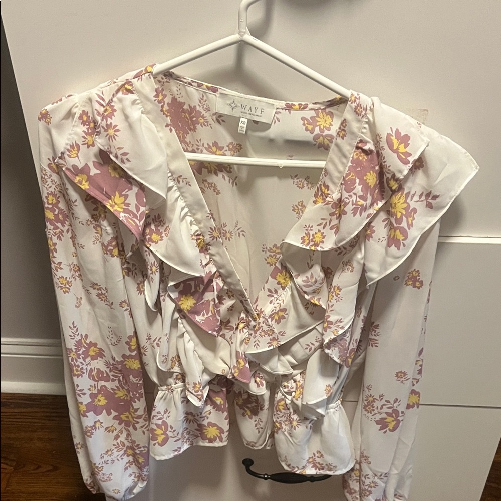 WAYF Floral Ruffle Blouse - White, Pink, Yellow
